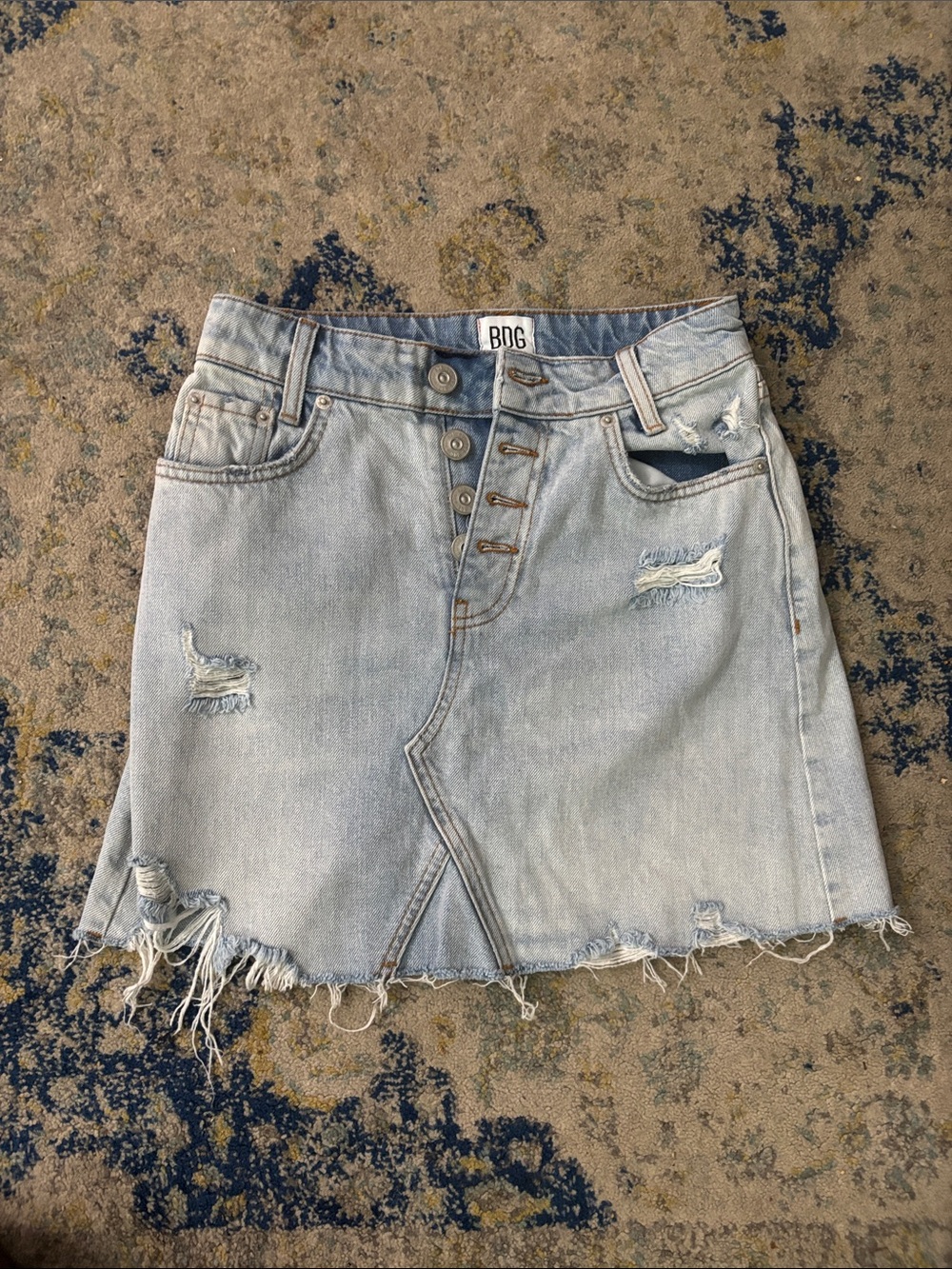 BDG Light Blue Distressed Button-Front Denim Mini Skirt